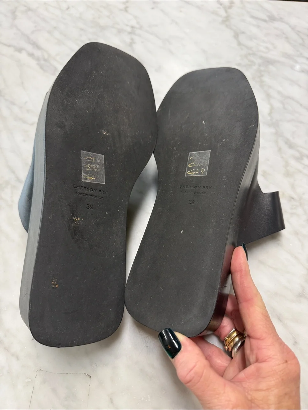 Emerson Fry Black Leather Platform Slides Size 9